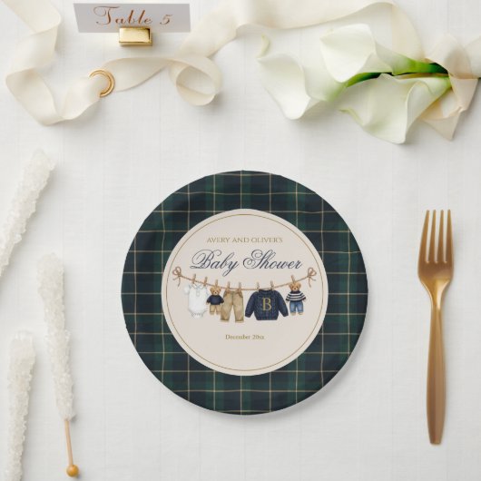 Luxsary Teddy Bear Plaid Baby Shower Paper Plate ペーパープレート (ウェディング)