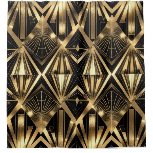 Luxurious Art Deco Geometric Gold and Black シャワーカーテン (正面)