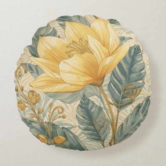 Luxurious, Beautiful Yellow Lemon Flower Pattern ラウンドクッション (正面)