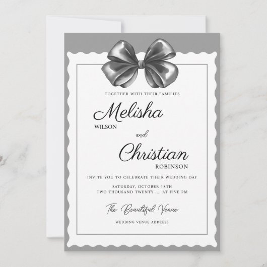 Luxurious Black Bow Wedding Invitation. 招待状 (正面)