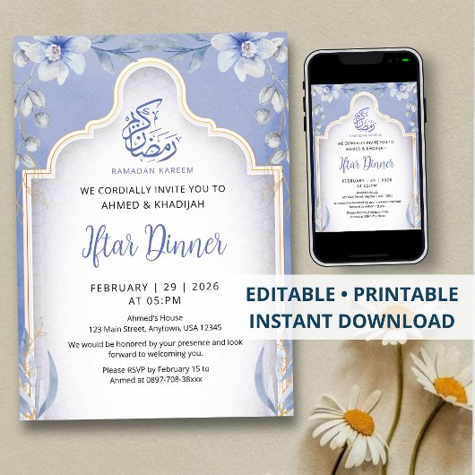 Luxurious Blue and Gold Floral Iftar Dinner 招待状