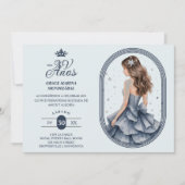 Luxurious Blue Oval Frame Charming Quinceañera  招待状 (正面)