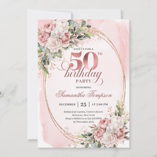 Luxurious Blush Floral Greenery 50th Birthday  招待状 (正面)