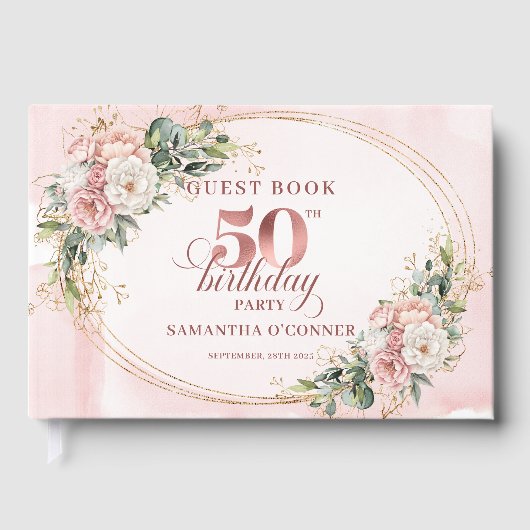 Luxurious Blush Floral Greenery 50th Guest Book ゲストブック (正面)