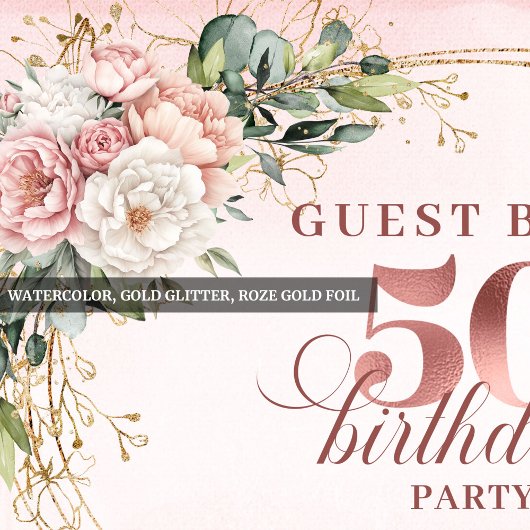 Luxurious Blush Floral Greenery 50th Guest Book ゲストブック