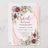 Luxurious Burgundy Blush Floral Sweet Sixteen Card 招待状 (正面)