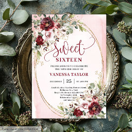 Luxurious Burgundy Blush Floral Sweet Sixteen Card 招待状