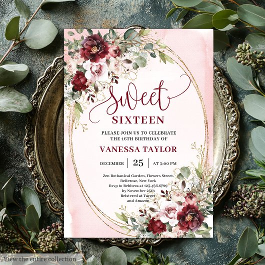Luxurious Burgundy Blush Floral Sweet Sixteen Card 招待状