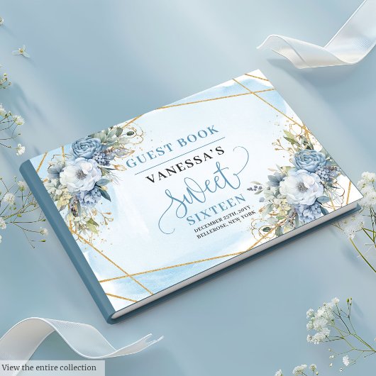 Luxurious Dusty Blue White Gold Flowers Sweet 16th ゲストブック