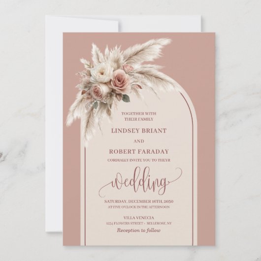 Luxurious Dusty Pink Pampas Flowers Wedding Invite 招待状 (正面)
