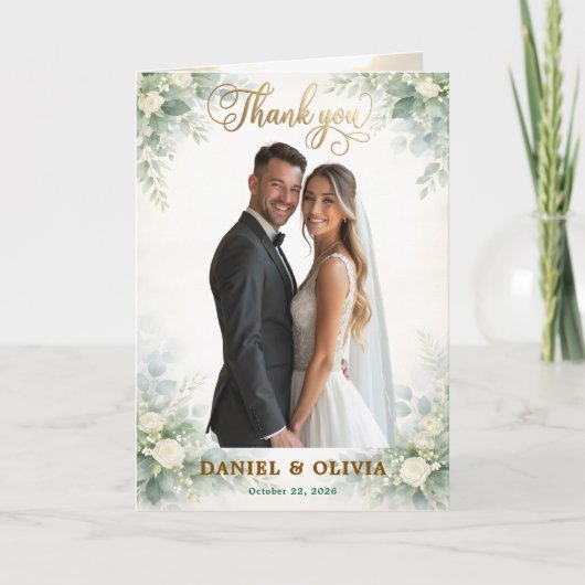 Luxurious Eucalyptus Greenery Gold Overlay Photo サンキューカード (正面)