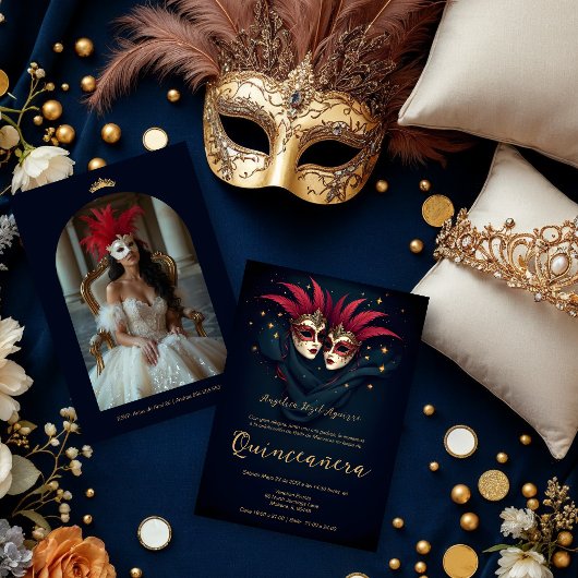 Luxurious Glam Venetian Mask Quinceañera Party 招待状