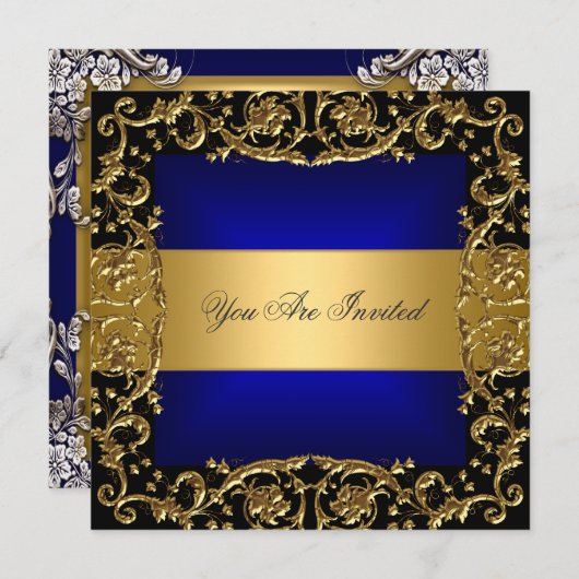 Luxurious Gold and Blue Birthday Party Invite 招待状 (正面/裏面)