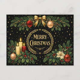 Luxurious Gold Art Deco Merry Christmas Wreath シーズンポストカード