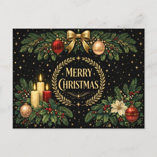 Luxurious Gold Art Deco Merry Christmas Wreath シーズンポストカード (正面)