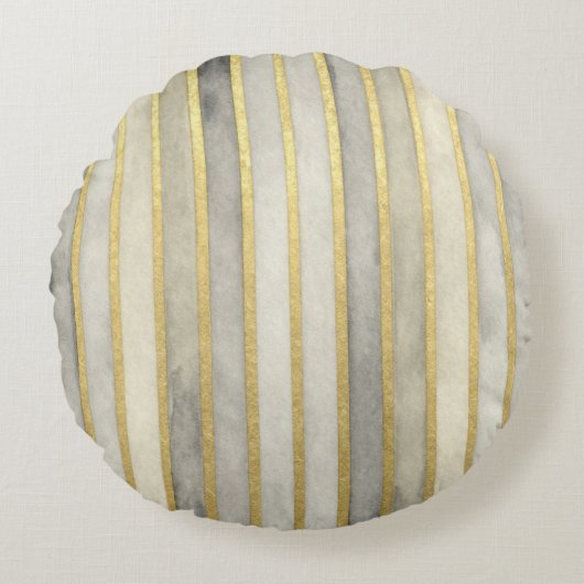 Luxurious, Gold Beigi Grey Stripes,Elegant, Modern ラウンドクッション (正面)