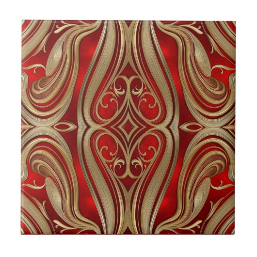Luxurious Gold Diamond Motif on Red Pattern タイル (正面)