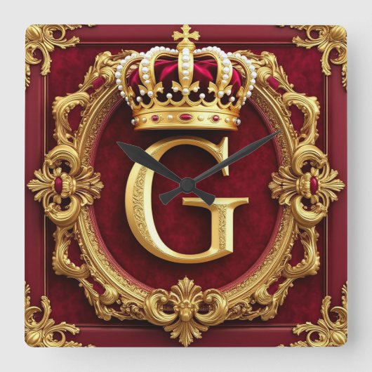 Luxurious Gold Frame With Crowned Monogram スクエア壁時計 (正面)