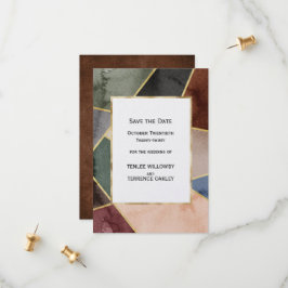 Luxurious Gold Geometric Blue Green Brown Wedding セーブザデート