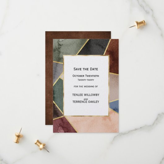 Luxurious Gold Geometric Blue Green Brown Wedding セーブザデート (正面/裏面インサイチュ)