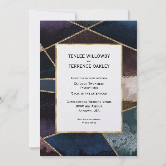 Luxurious Gold Geometric Blue Purple Brown Wedding 招待状 (正面)