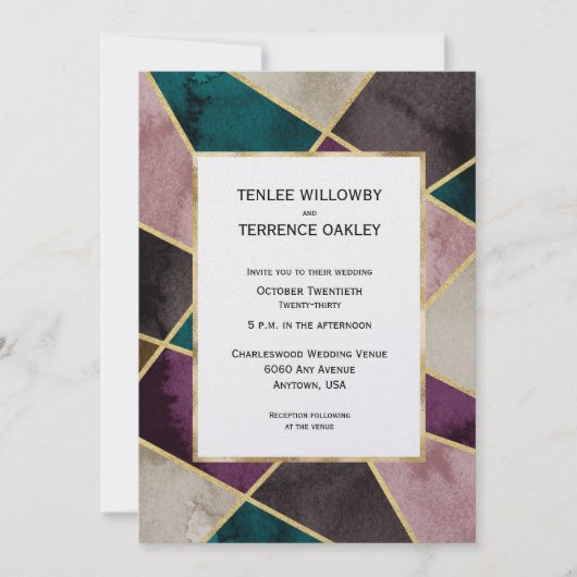 Luxurious Gold Geometric Green Purple Wedding 招待状 (正面)