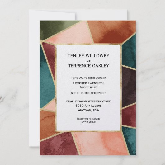 Luxurious Gold Geometric Purple Rust Teal Wedding 招待状 (正面)