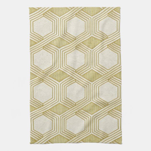Luxurious Gold Hexagon Pattern - Marble Texture キッチンタオル (縦)