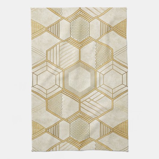 Luxurious Gold Hexagon Pattern - Marble Texture 2 キッチンタオル (縦)
