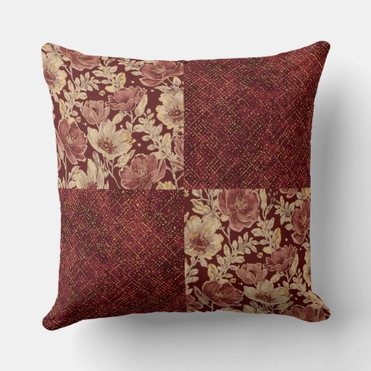 Luxurious Gold Maroon Flowers and Pixels クッション (裏面)