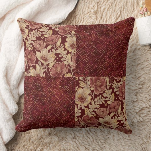 Luxurious Gold Maroon Flowers and Pixels クッション (ブランケット)