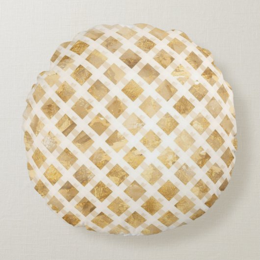 Luxurious, Gold White Lattice Pattern, Crisscross ラウンドクッション (正面)