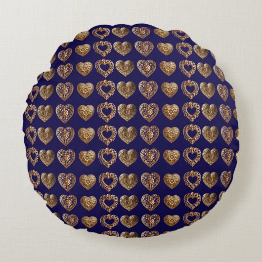 Luxurious Golden Baroque Hearts Pattern on Navy Bl ラウンドクッション (正面)