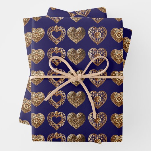 Luxurious Golden Baroque Hearts Pattern on Navy Bl ラッピングペーパーシート (インサイチュ)