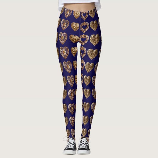 Luxurious Golden Baroque Hearts Pattern on Navy Bl レギンス (正面)