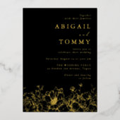 Luxurious Golden Floral Modern Black Wedding Gold 箔招待状 (正面)