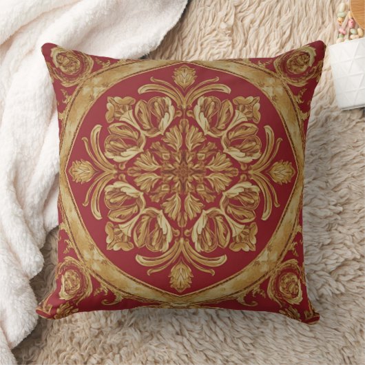 Luxurious Golden Red Ornate Accent Pillow for Sofa クッション (ブランケット)