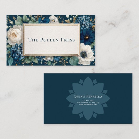 Luxurious Navy Blue Floral Gold Frame Elegant 名刺 (正面/裏面)
