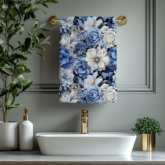 Luxurious Navy Blue Flowers Bath Towel Set バスタオルセット