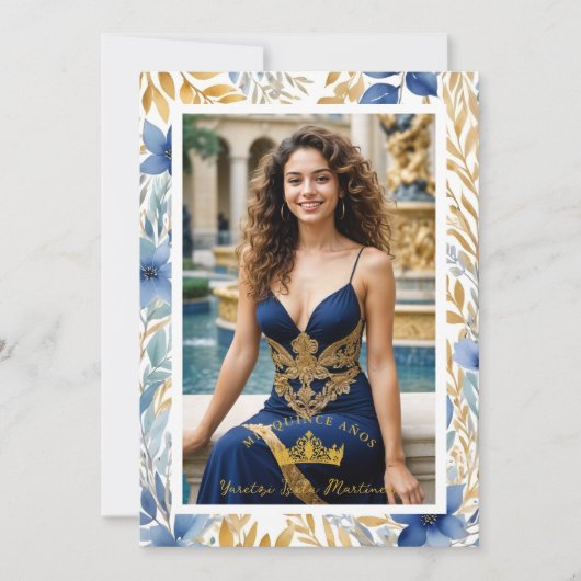 Luxurious Navy Blue & Gold Exquisite Tiara XV's 招待状 (正面)