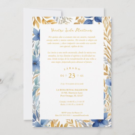 Luxurious Navy Blue & Gold Exquisite Tiara XV's 招待状 (裏面)