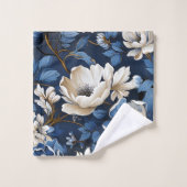 Luxurious Navy Blue Ivory Gold Flowers Towel バスタオルセット (ウォッシュタオル)