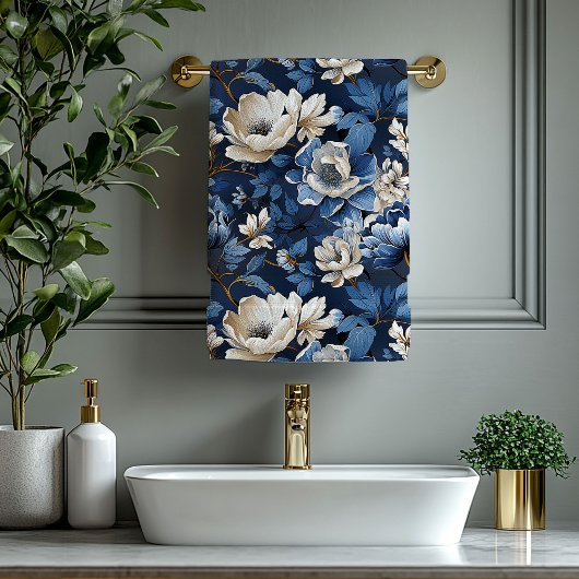 Luxurious Navy Blue Ivory Gold Flowers Towel バスタオルセット