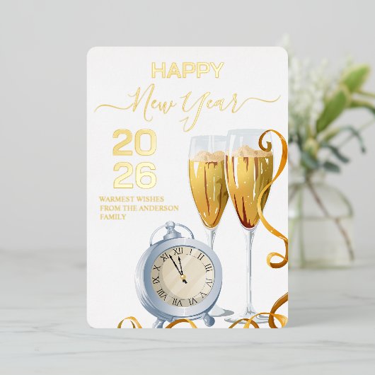 Luxurious New Year 2026 Champagne Countdown Clock 箔シーズンカード (立ち正面)