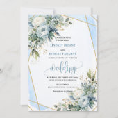 Luxurious Pastel Blue Gold Peonies Wedding Invite 招待状 (正面)