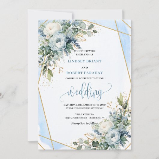 Luxurious Pastel Blue Gold Peonies Wedding Invite 招待状 (正面)