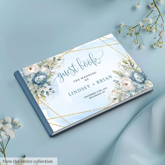 Luxurious Pastel Blue White Gold Flowers Wedding ゲストブック