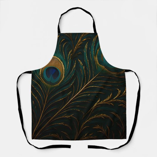 Luxurious Peacock Feathers Golden Teal Pattern エプロン (正面)
