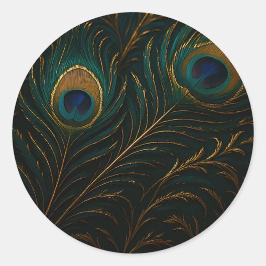 Luxurious Peacock Feathers Golden Teal Pattern ラウンドシール (正面)