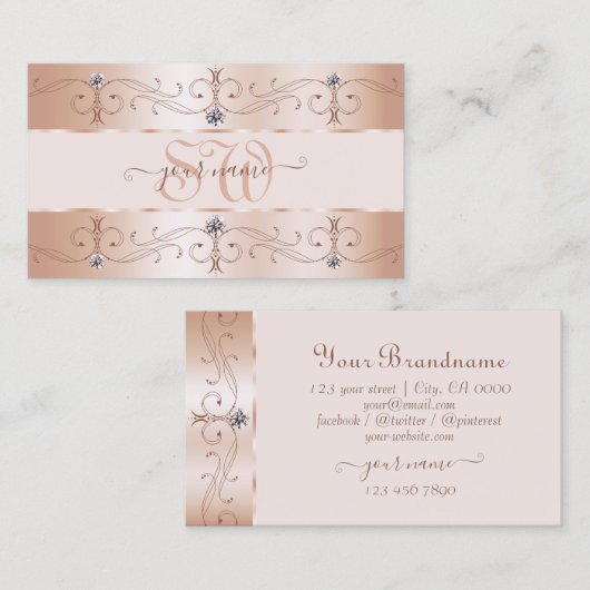 Luxurious Rose Gold Ornate Borders Jewels Monogram 名刺 (正面/裏面)